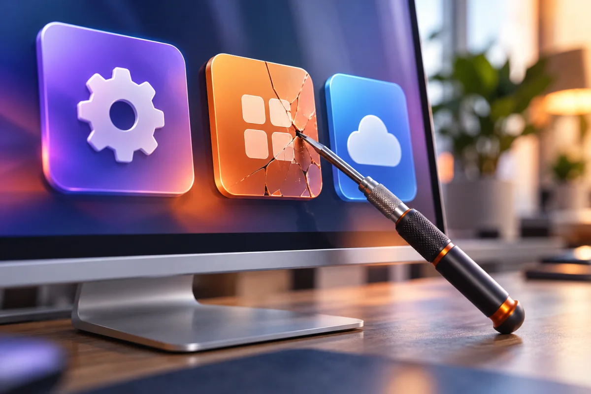 App-Symbole aus Acryl mit Zahnrad und orangefarbenem Neustartzeichen