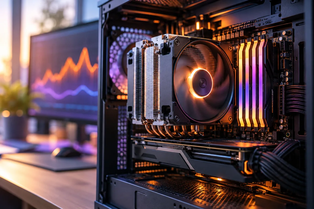 CPU-Kühler und Arbeitsspeicher im PC mit symbolischen Leistungskurven im Hintergrund