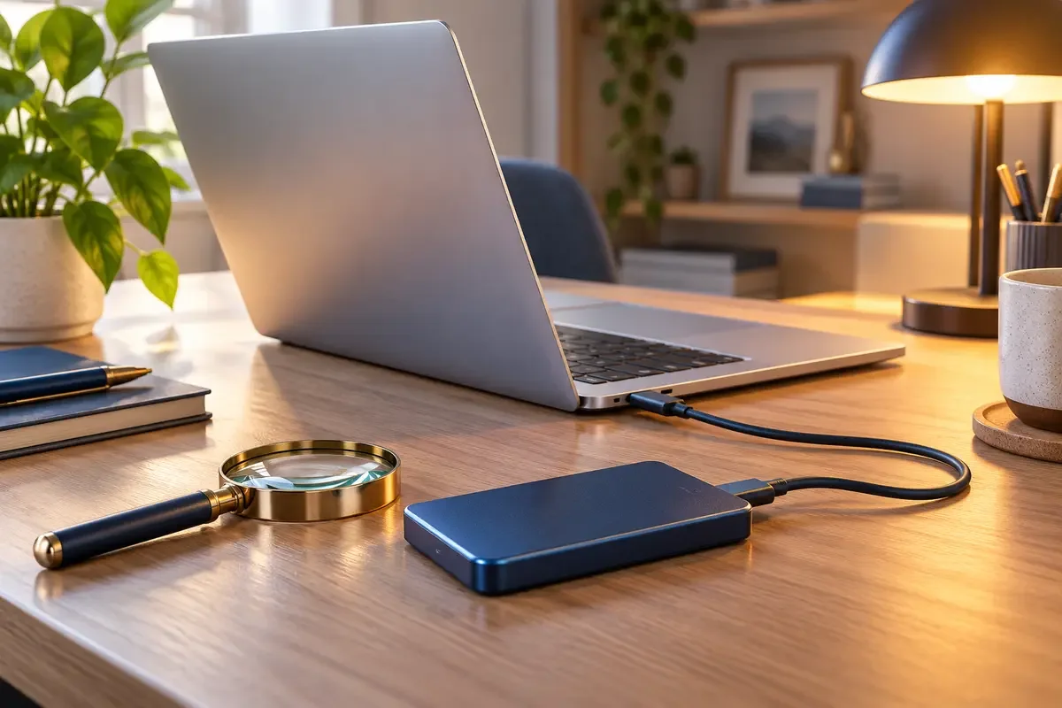 Externe SSD ist per USB-C-Kabel mit einem silbernen Laptop verbunden; daneben liegt eine Lupe