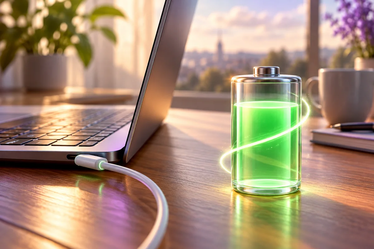 Laptop am Ladekabel neben einem leuchtenden grünen Batteriesymbol