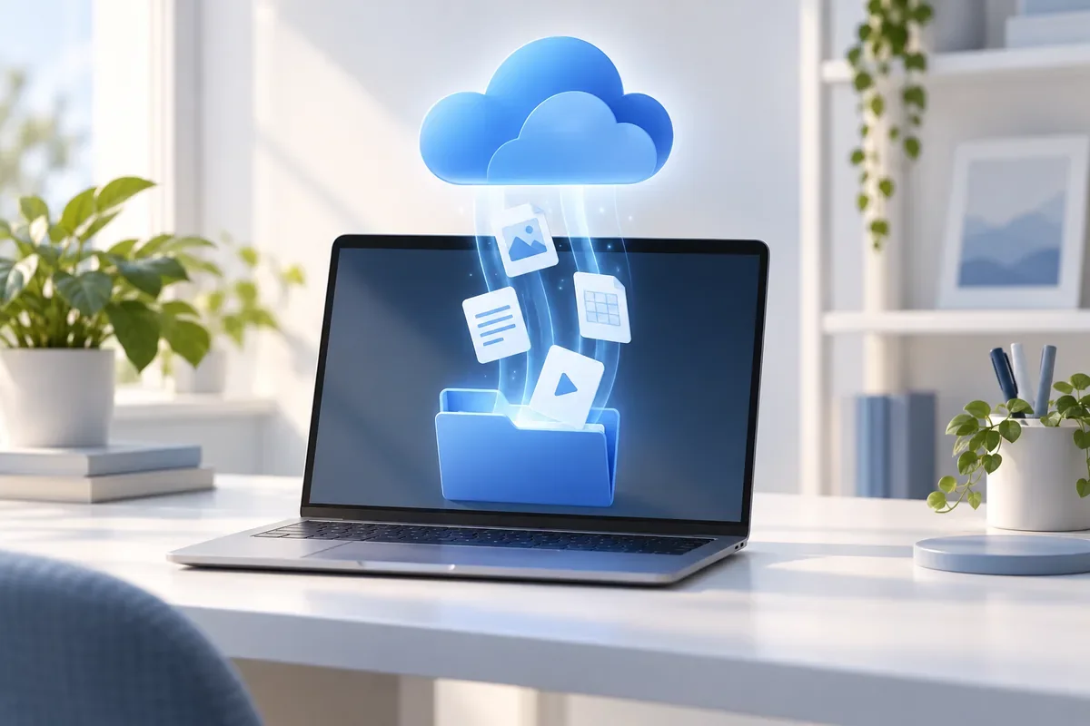 Laptop mit blauer Cloud und Dokumenten, die in einen lokalen Ordner geladen werden