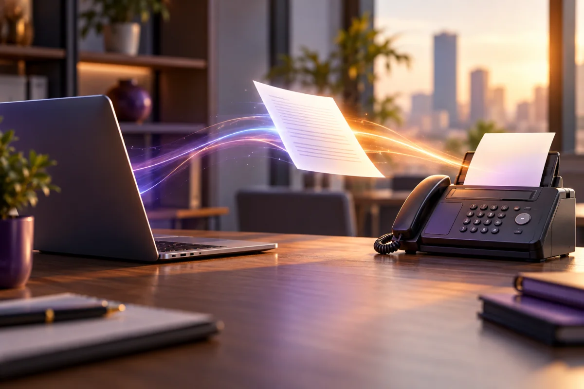 Laptop und Faxgerät mit einem symbolisch übertragenen digitalen Dokument