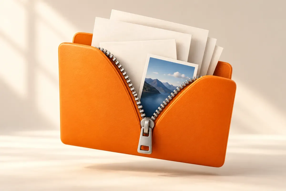 Orangefarbener Ordner mit geöffnetem Reißverschluss, Papierblättern und einer Fotokarte als ZIP-Symbol