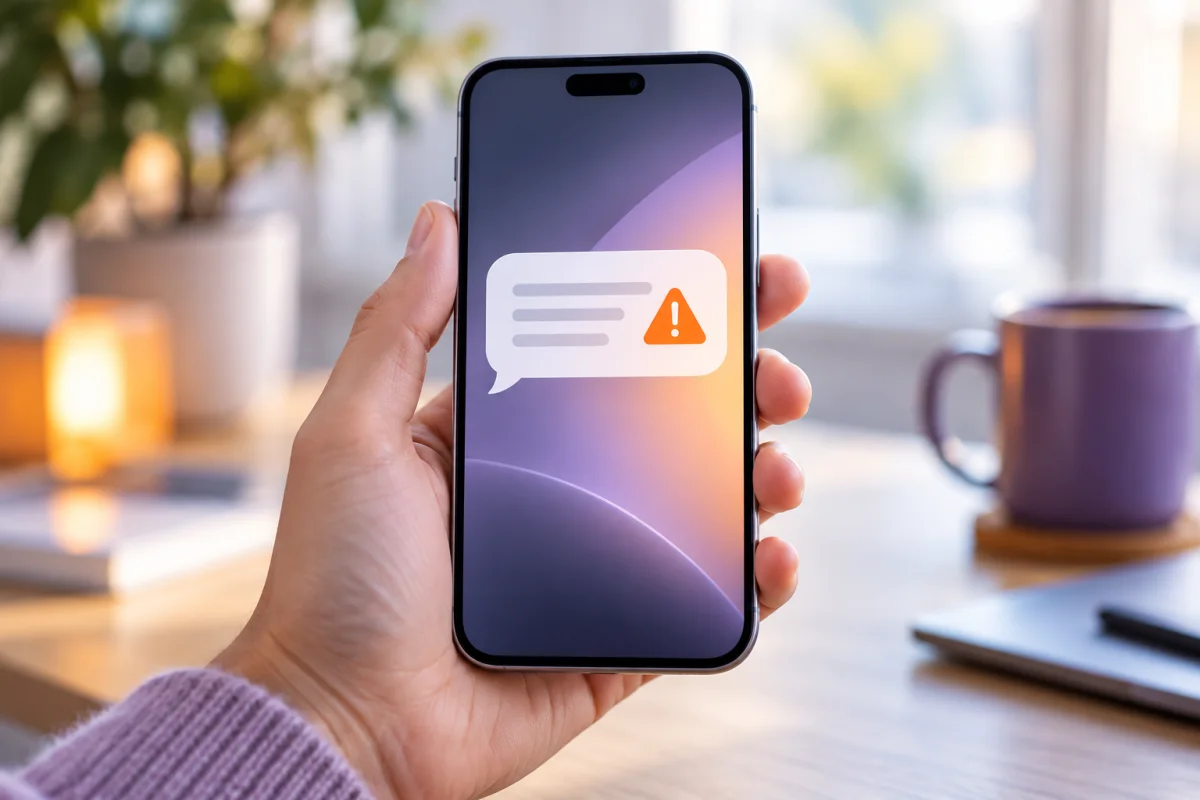Smartphone mit symbolischer Nachricht und orangefarbenem Warnzeichen
