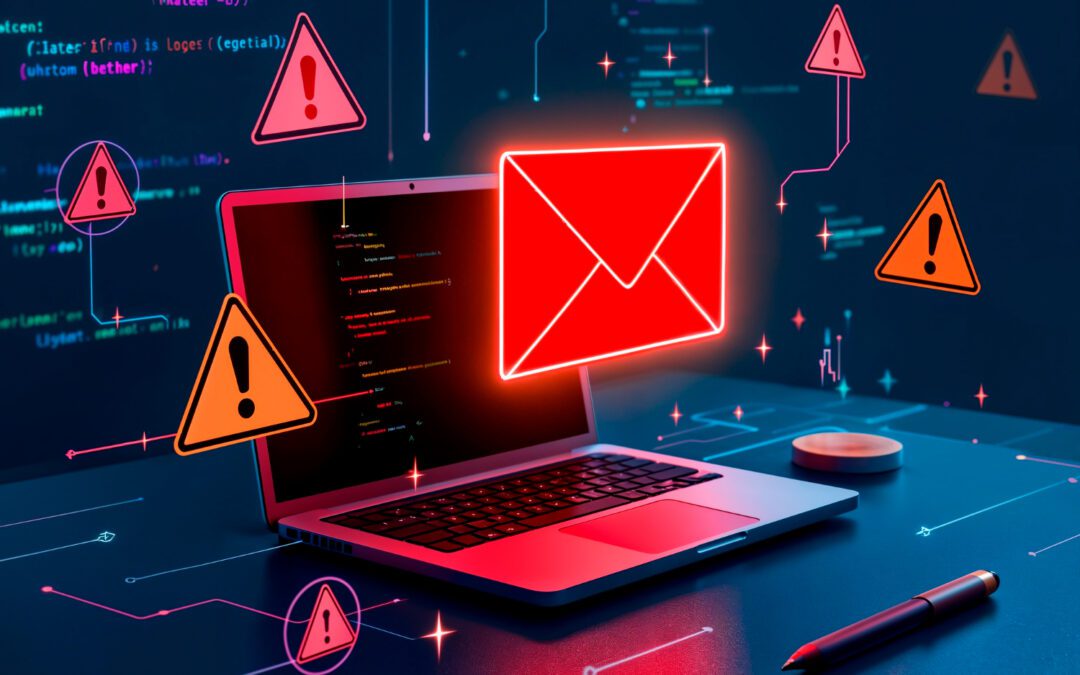 Spam Nachrichten Laptop mit E-Mails und Ausrufezeichen